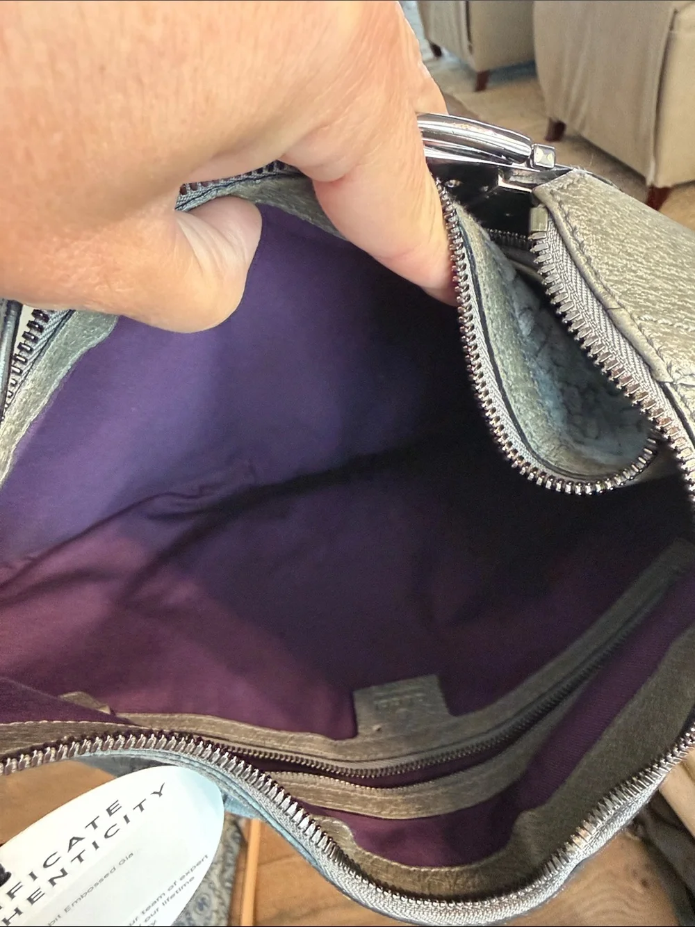 Gucci Gray Hobo Bag with Purple and Cream Center Stripe